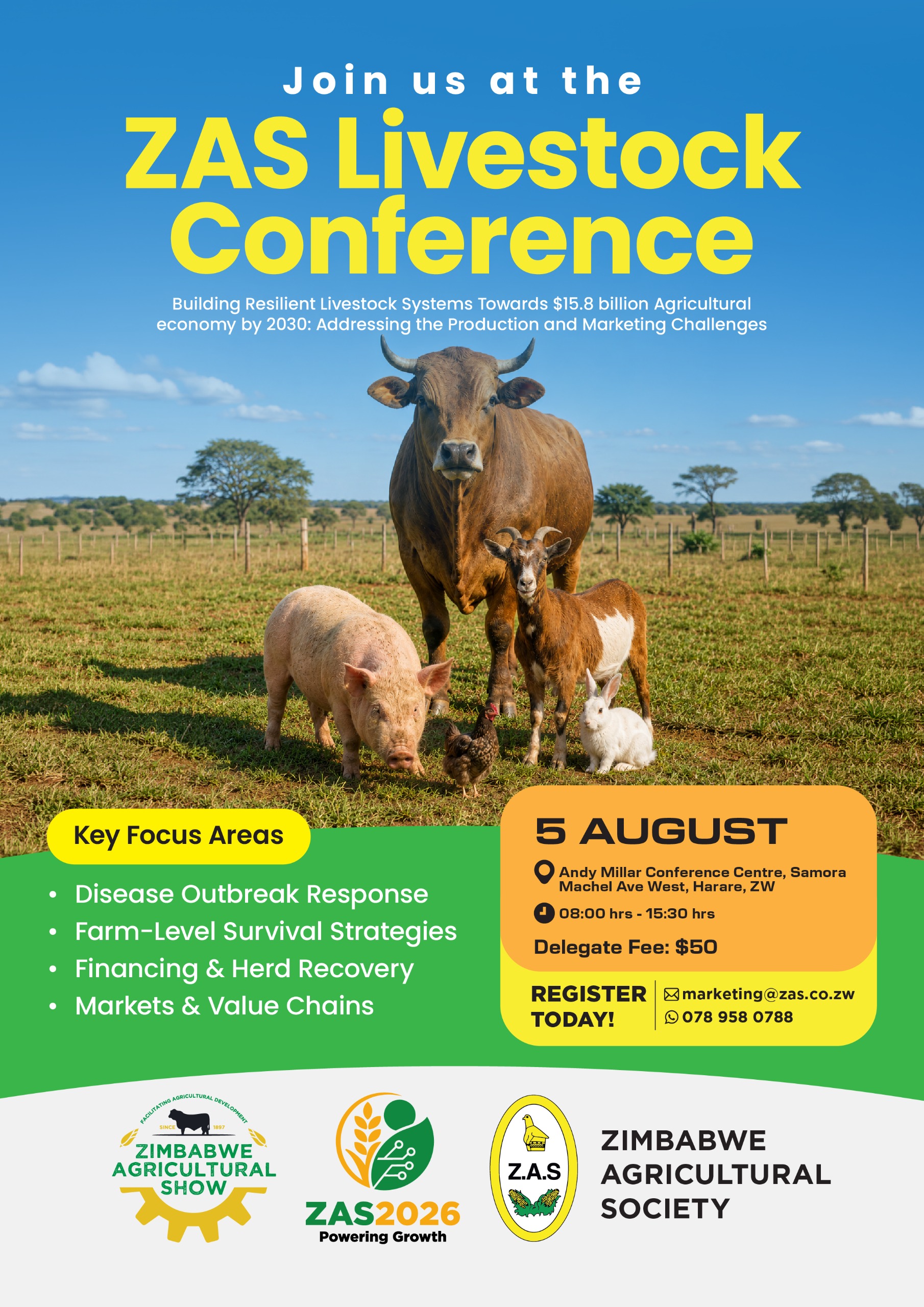 ZAS Livestock Conference flyer with conference details for 5 August