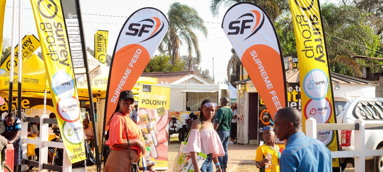 Visitors at the Surrey Group activation — yellow umbrellas and family-friendly atmosphere